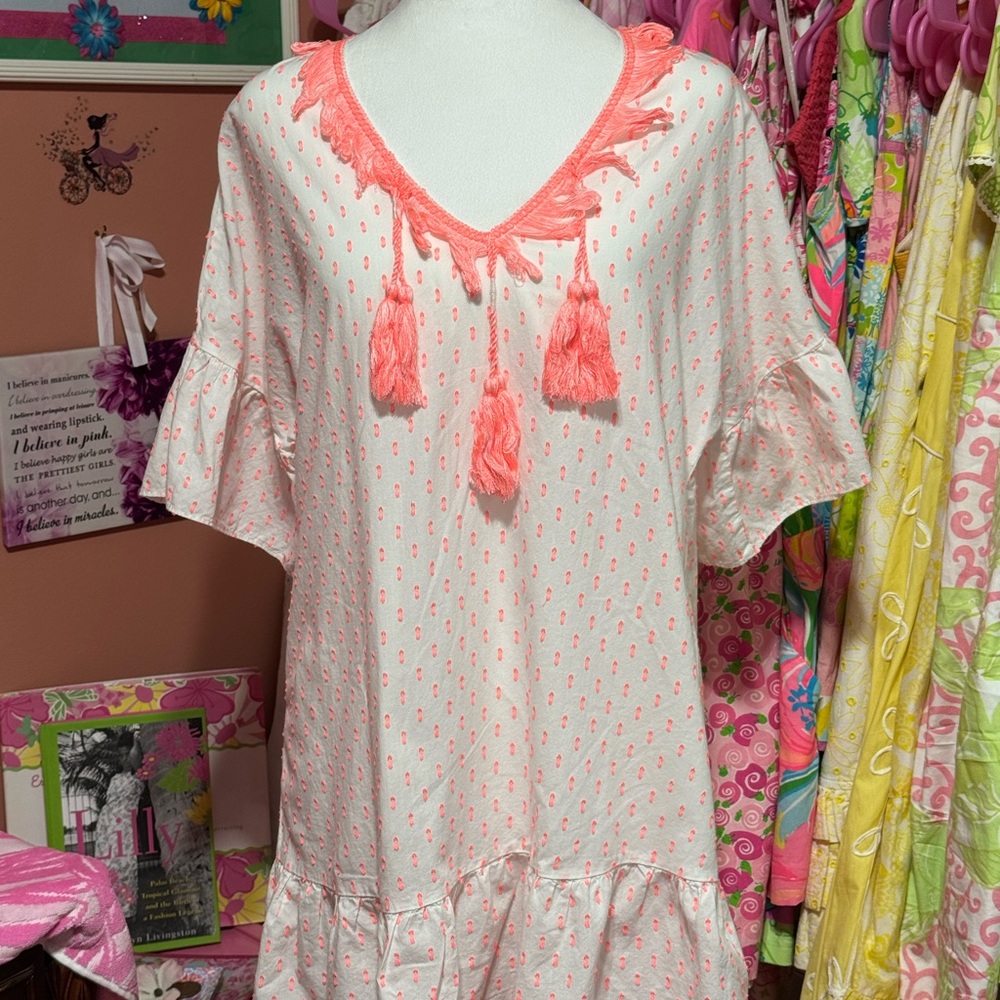 Lilly Pulitzer White cotton dress/ swim cover with neon orange accents, size M.